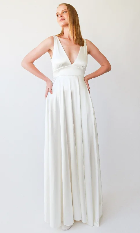 Silky Satin Deep V Neckline Simple Minimalist Wedding Dress #1395