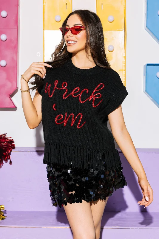 Licensed-Black & Red 'Wreck Em' Fringe Sweater Vest