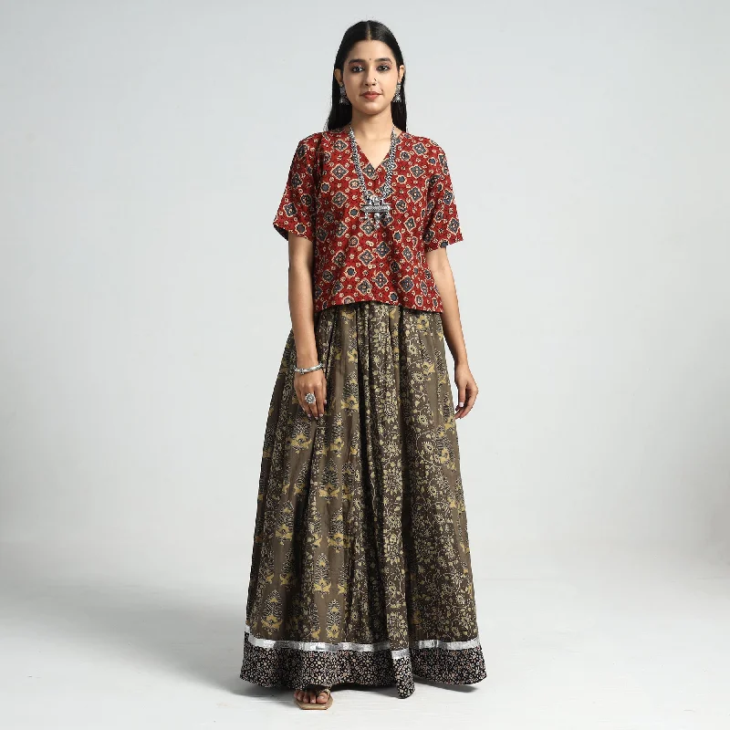 Brown - Ajrakh Block Printed 24 Kali Patchwork Cotton Long Skirt