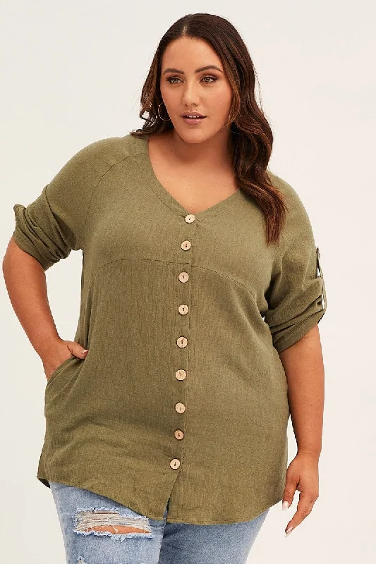 Green Crinkle Texture V-neck Pocket Shirt