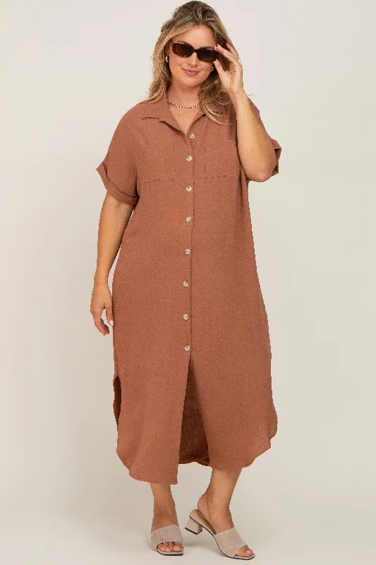 Mocha Button Down Hi Low Maternity Plus Maxi Dress