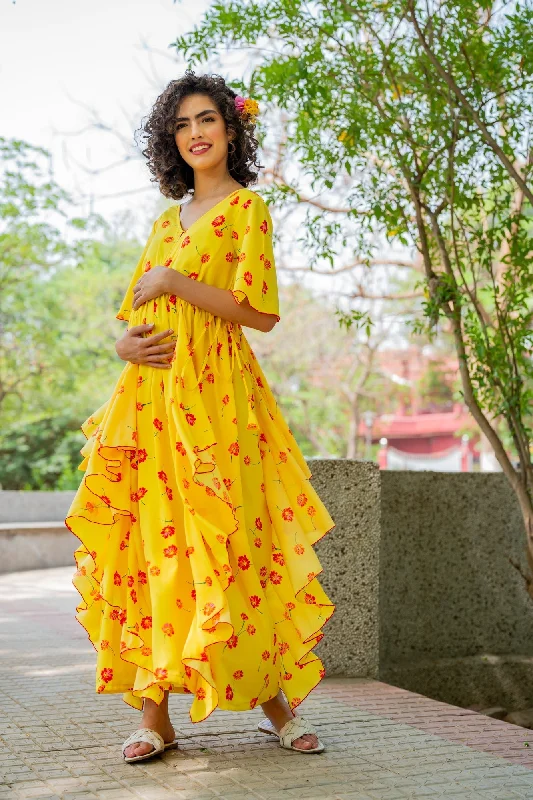 Vibrant Pop Yellow Blossom Maternity & Nursing Flow Dress